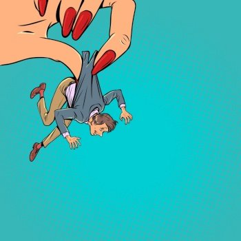 Use of other peoples means and forces. Dominance of one sex over the other. A man in a suit is held by a womans huge hand with a manicure. Comic cartoon pop art retro vector illustration hand drawing. Use of other peoples means and forces. Dominance of one sex over the other. A man in a suit is held by a womans huge hand with a manicure.