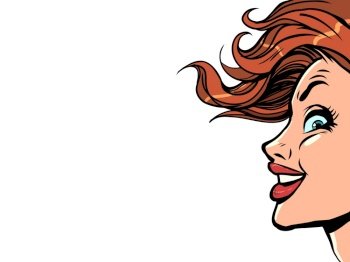 The developing hair of the client. Ambitious and domineering look. A woman with red hair looks up. On a white background. Comic cartoon pop art retro vector illustration hand drawing. The developing hair of the client. Ambitious and domineering look. A woman with red hair looks up.
