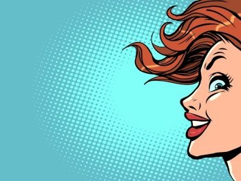 The developing hair of the client. Ambitious and domineering look. A woman with red hair looks up. Comic cartoon pop art retro vector illustration hand drawing. The developing hair of the client. Ambitious and domineering look. A woman with red hair looks up.