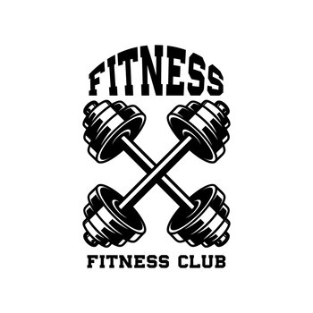 Fitness club. Emblem template with crossed dumbbells. Design element for logo, label, sign, poster, t shirt. Vector illustration