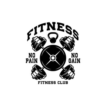 Fitness club. Emblem template with crossed barbells. Design element for logo, label, sign, poster, t shirt. Vector illustration