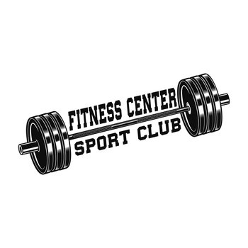 Fitness center. Illustration of gym barbell in vintage monochrome style. Design element for logo, label, sign, emblem, poster. Vector illustration