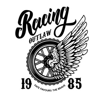 Racing. Tshirt print template with winged wheel. Vector illustration