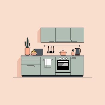 Flat illustration of modern kitchen interior with furniture, appliances and utensils, vector illustration