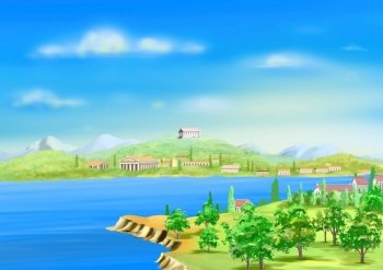 Ancient Greek Harbor on a Sunny Summer Day. Digital Painting Background, Illustration. View of Ancient Greek Harbor in a Sunny Summer Day. Digital Painting Background, Illustration in cartoon style character.. Ancient Greek Harbor at Day illustration