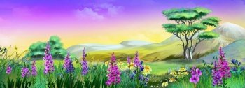 Wild flowers against the background of mountains. Digital Painting Background, Illustration.. Wildflowers in the meadow illustration