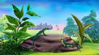 Two lizards sit on a stone in a clearing on a sunny summer day. Digital Painting Background, Illustration.. Lizards in nature illustration
