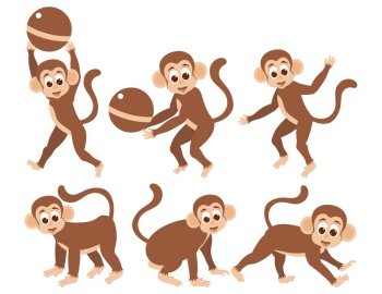 Several monkeys are sitting, jumping and playing with a ball. Vector illustration.