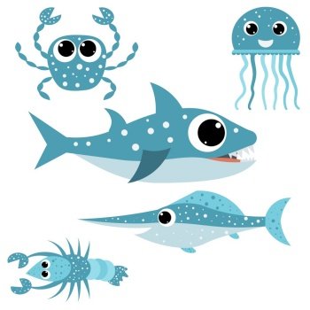 Sea set - cute shark, crab, lobster and jellyfish.  For scrapbooking, greeting card, party invitation, poster, tag, sticker set.