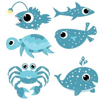 Sea set - cute shark, puffer fish, whale, crab, turtle and deep sea fish. For scrapbooking, greeting card, party invitation, poster, tag, sticker set.