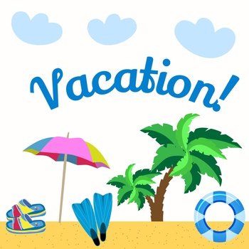 Hello vacation web banner background. Sandy beach, umbrella, palm trees, diving fins. Vector illustration.