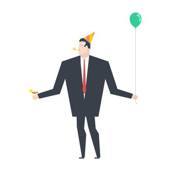 Businessman at party. Celebratory cap and Party horn. ballon and alcohol. Manager drunk
