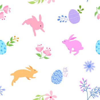 Easter background with flowers. Easter egg and cute bunny. Vector illustration seamless pattern.