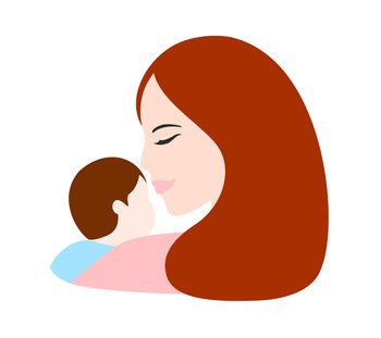 Mother holding baby in arms. Happy mothers day. Vector illustration for greeting card, poster, banner.