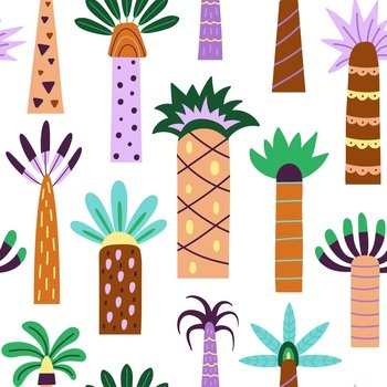 Different trendy palm with leaf. Abstract decorative palms seamless pattern. Summer ocean exotic plants, doodle style flat decent vector fabric print of spring palm natural, tropic flora illustration. Different trendy palm with leaf. Abstract decorative palms seamless pattern. Summer ocean exotic plants, doodle style flat decent vector fabric print