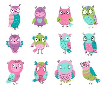 Cute cartoon owls. Nice forest owl, cutie wild colorful animals. Kids illustrated woodland birds, adorable boho style stickers. Isolated nowaday vector characters of owl cute illustration. Cute cartoon owls. Nice forest owl, cutie wild colorful animals. Kids illustrated woodland birds, adorable boho style stickers. Isolated nowaday vector characters