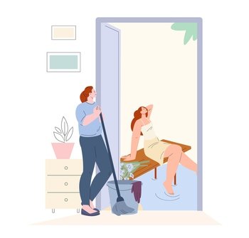 Girl cleaner worker dreaming about vacation on sea. Young service woman hold broom and looking outside home on relaxed happy female, vector concept of professional housewife illustration. Girl cleaner worker dreaming about vacation on sea. Young service woman hold broom and looking outside home on relaxed happy female, vector concept