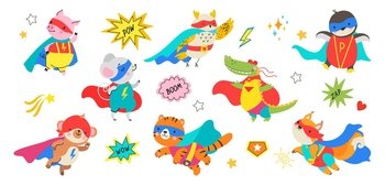 Cute cartoon superhero animals in masks and capes. Draw baby hero, animal comic stickers for children. Super strong mouse, pig and tiger, nowaday vector characters superhero in mask illustration. Cute cartoon superhero animals in masks and capes. Draw baby hero, animal comic stickers for children. Super strong mouse, pig and tiger, nowaday vector characters