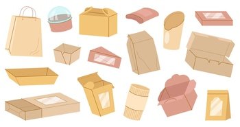 Takeaway meal pack, cartoon cardboard box. Fries potato and roll paper boxes, sauce sushi, fast food takeout packing. Drink coffee mug and disposables vector set of takeaway food pack illustration. Takeaway meal pack, cartoon cardboard box. Fries potato and roll paper boxes, sauce sushi, fast food takeout packing. Drink coffee mug and decent disposables vector set