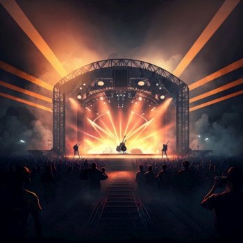 Concert stage with power sound system and lights. Generative Ai. High quality illustration. Concert stage with power sound system and lights. Generative Ai