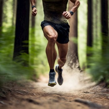 Athletic man running in forest. Generative Ai. High quality illustration. Athletic man running in forest. Generative Ai