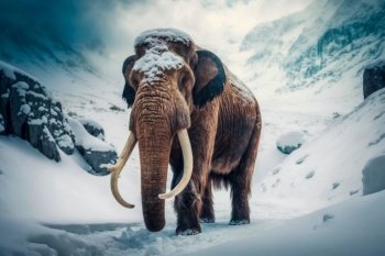 Mammoth elephant walking in snow winter mountains. Generative AI. High quality illustration. Mammoth elephant walking in snow winter mountains. Generative AI