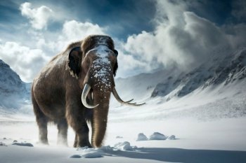 Mammoth elephant walking in snow winter mountains. Generative AI. High quality illustration. Mammoth elephant walking in snow winter mountains. Generative AI