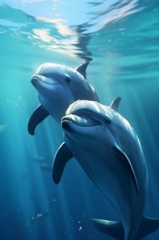 Dolphin in the sea underwater. Generative AI. High quality illustration. Dolphin in the sea underwater. Generative AI