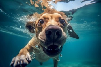 Funny dog swimming underwater. Generative AI. High quality illustration. Funny dog swimming underwater. Generative AI