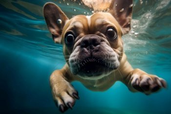 Funny dog swimming underwater. Generative AI. High quality illustration. Funny dog swimming underwater. Generative AI