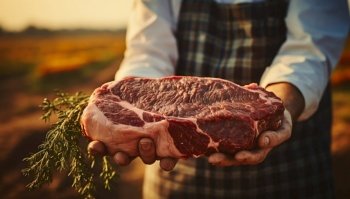 Close Up of Farmer’s Hand Holding Big Raw Meat Steak. Generative ai. High quality illustration. Close Up of Farmer’s Hand Holding Big Raw Meat Steak. Generative ai