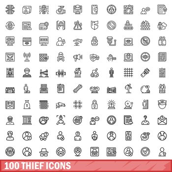 100 thief icons set. Outline illustration of 100 thief icons vector set isolated on white background. 100 thief icons set, outline style