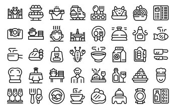 Catering business icons set outline vector. Buffet party. Food serving event. Catering business icons set outline vector. Buffet party