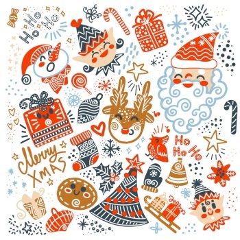 Set of christmas isolated elements Santa Claus, deer, elf, snowman, gifts. Vector illustration. Winter background. For greeting cards, print and design, fabric, porcelain and decor. Christmas elements set square card vector illustration