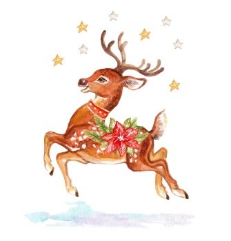 Christmas jumping elegant deer. Watercolor hand drawn illustration isolated on white background. Hand drawn realistic deer. For cards, decor, christmas design, print, design cusion, porcelain. Christmas elegant deer watercolor isolated illustration