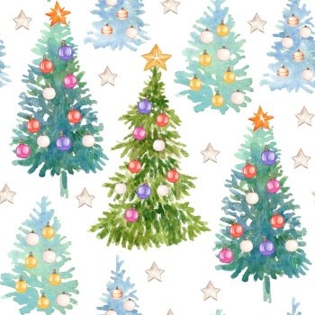Seamless pattern Christmas tree winter forest. Hand drawn watercolor illustration for Christmas and New Year season. For print and design cards, wrapping paper, fabric, cover, banner, porcelain.. Seamless pattern Christmas tree winter forest watercolor