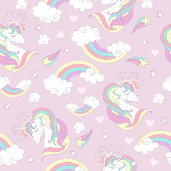 Seamless pattern with cute unicorns, clouds, rainbows and magic elements on a pink background. Vector illustration. For party, print, baby shower, wallpaper, design, decor, dishes, bed linen, apparel. Seamless pattern with unicorns and magic elements vector