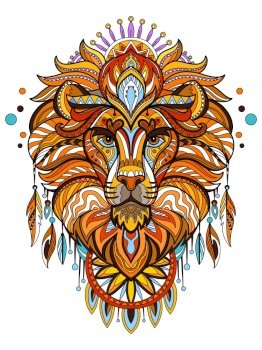 Abstract close up head of lion with tangle doodle elements. Vector colorful illustration isolated on white background. For design, print, decor, tattoo, t-shirt, puzzle, poster, porcelain and stickers. Abstract tangle lion head vector colorful isolated illustration