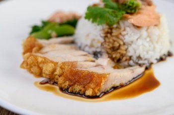  Crispy pork on a white plate topped with sauce. Selective focus