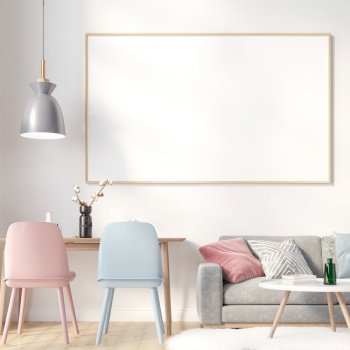 3D illustration mockup large board with frame in children room or nursery room, scandinavian style interior pastel colors and decoration with cute furniture and comfortable, rendering