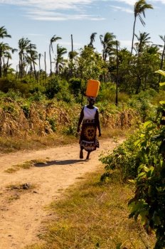 Woman carrying a water canister on her head in the Watamu savannah in southern Kenya