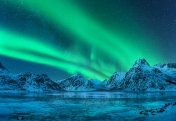 Aurora borealis over snowy mountains, frozen sea coast, reflection in water at night. Lofoten islands, Norway. Northern lights. Winter landscape with polar lights, ice in water. Starry sky with aurora