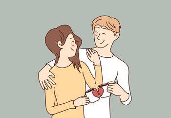 Happy family hugging and smiling together and drinking coffee from mugs with hearts. Man and woman enjoy each other. Vector illustration.