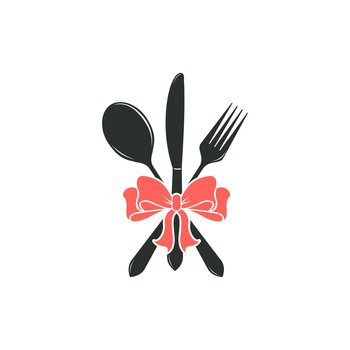 Simple cutlery icon isolated from kitchen collection. cutlery icons trendy and modern cutlery symbols with ribbon on white background vector illustration