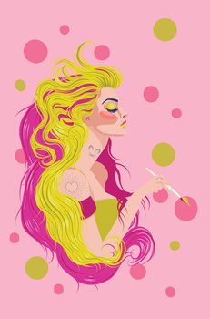 Stylish girl with long hair of pink and yellow color holding paintbrush.