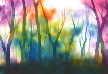 Forest trees with abstract watercolor splotches and psychedelic colors. Generative AI illustration.