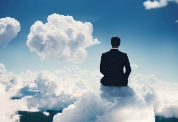 Man sitting on fluffy white cloud in the sky. Generative AI illustration.