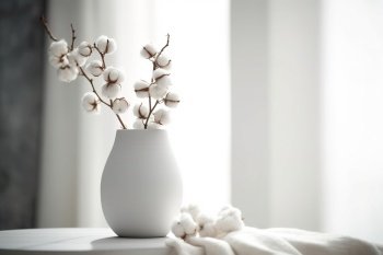 A Serene Still Life of Cotton Branches in a White Vase. Generative AI