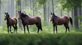 Realistic mesmerizing Illustration of beautiful brown stallions walking through green woods, created with Generative AI technology