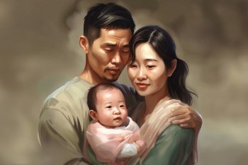 Parenthood, Father and mother and holding baby, Asian, Painting, created with Generative AI technology